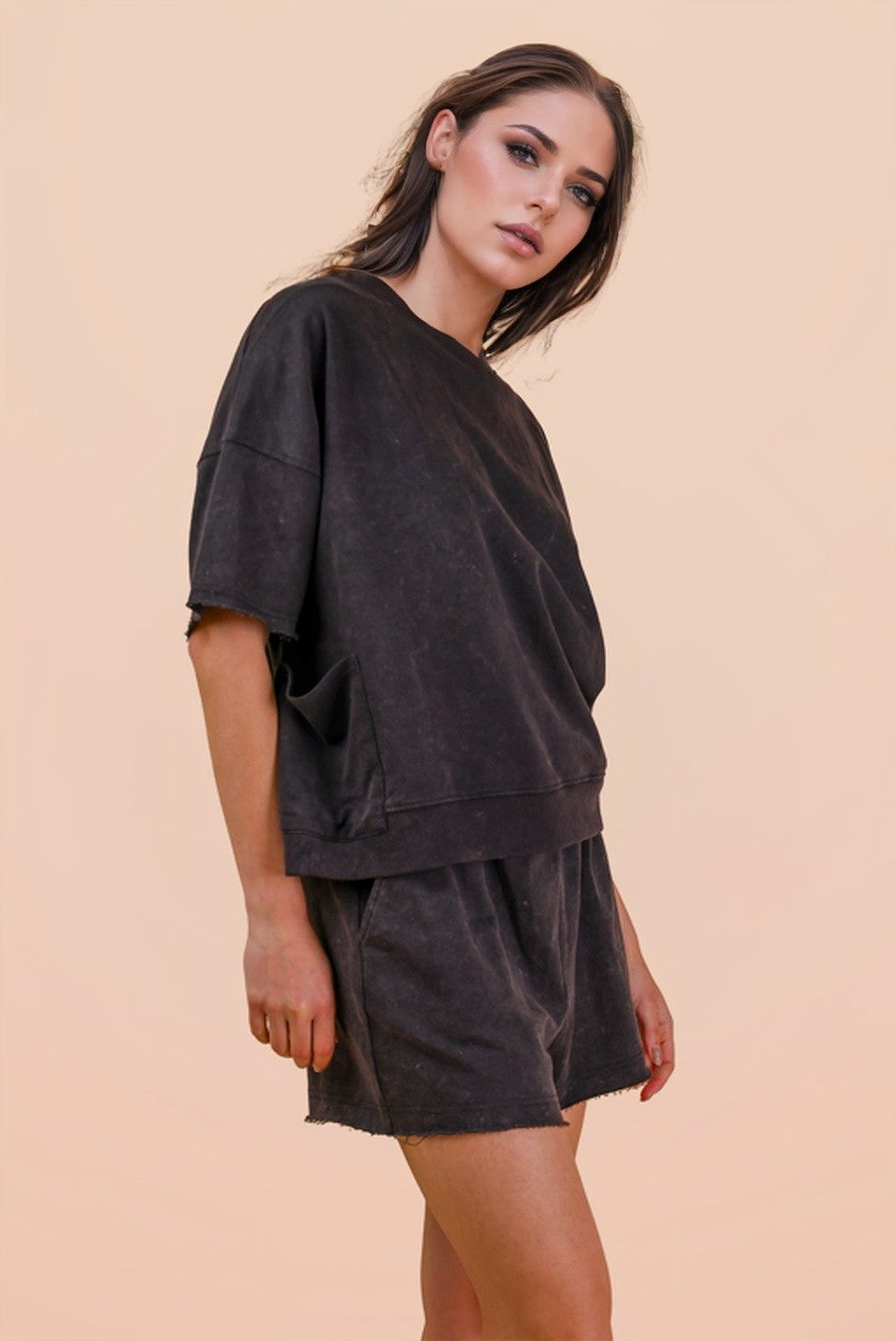 Black • Mineral Wash Shirt/Shorts Set