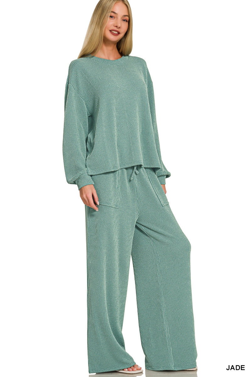Zenana-Raised Rib pant set w/pockets
