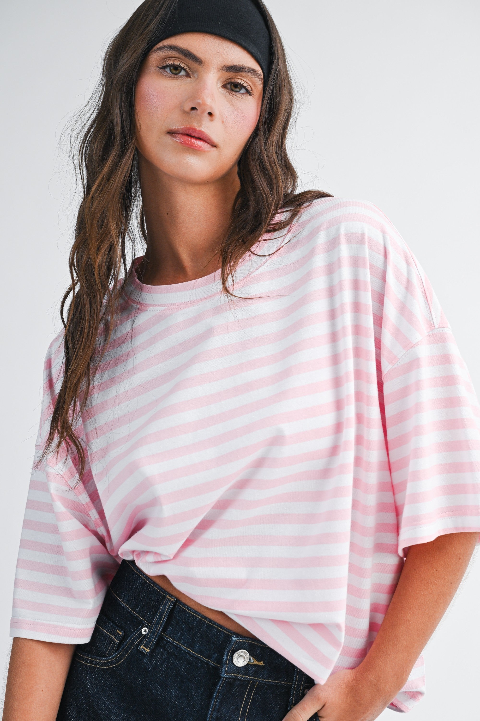 Pink/White Stripe Boyfriend Top