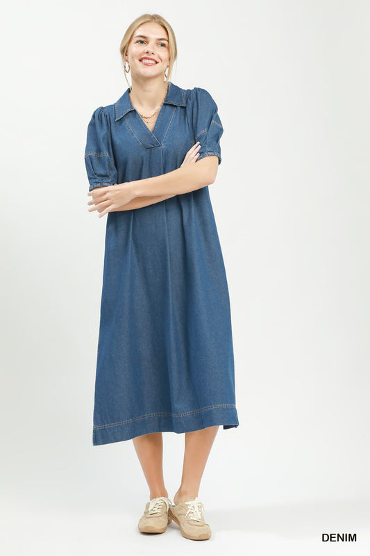 Umgee-Chambray Collared Puff Sleeve Maxi Dress