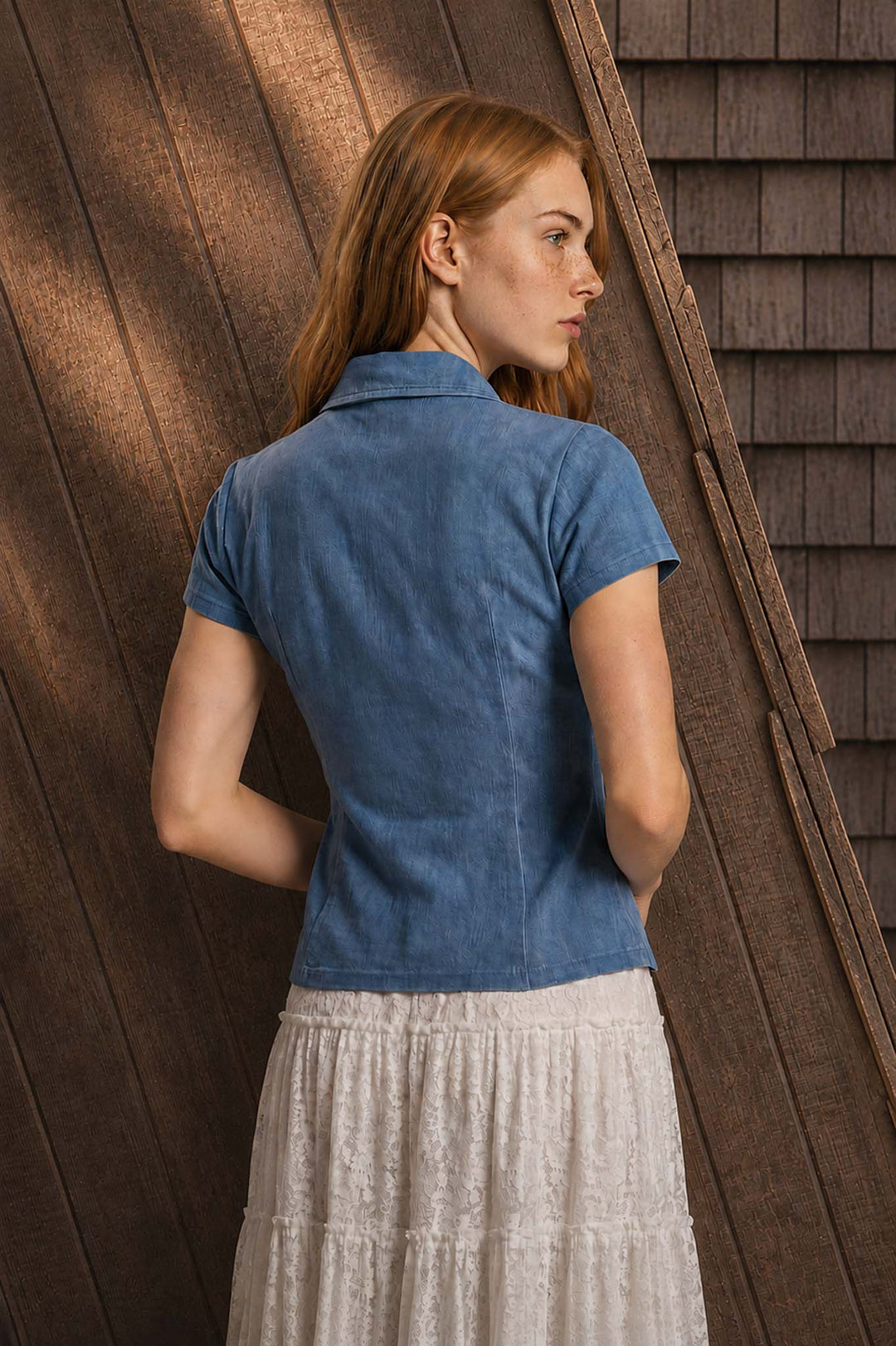 Blu Pepper-COLLARED BUTTON DOWN CINCHED WAIST DENIM TOP
