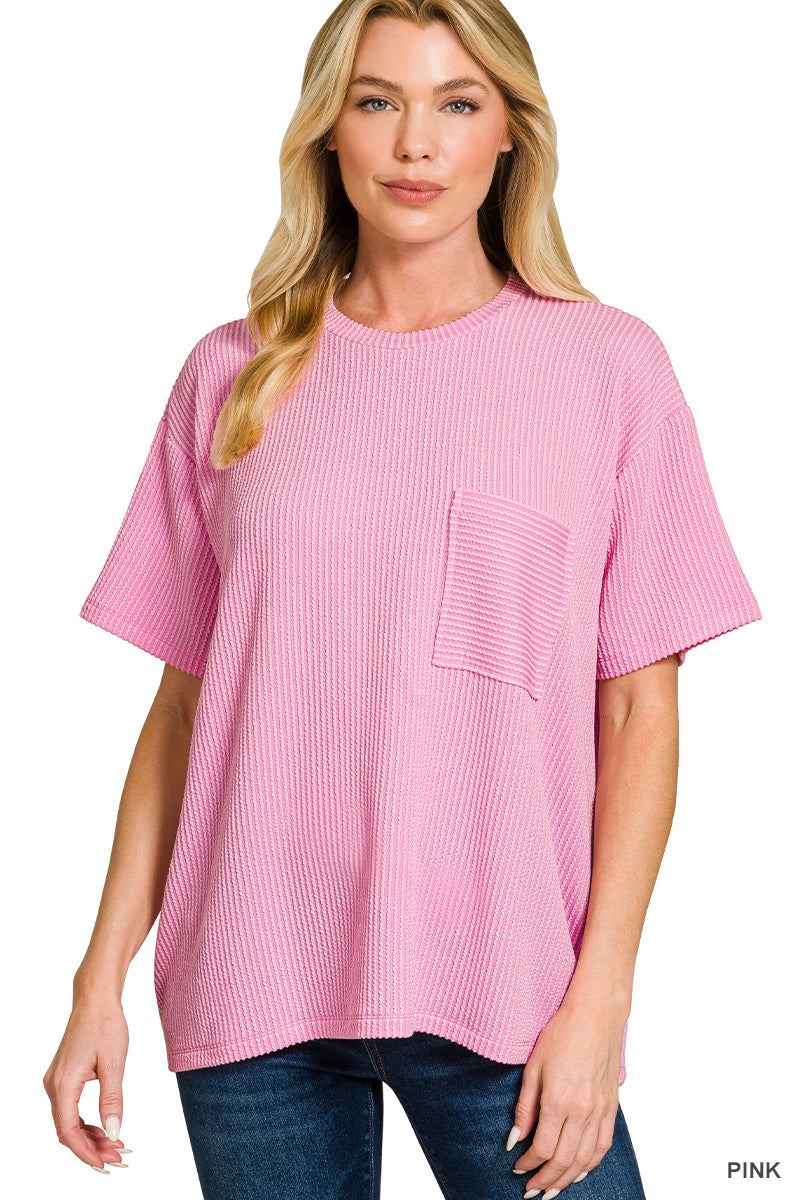 Zenana-RAISED RIB SHORT SLEEVE FRONT POCKET TOP