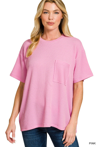 Zenana-RAISED RIB SHORT SLEEVE FRONT POCKET TOP