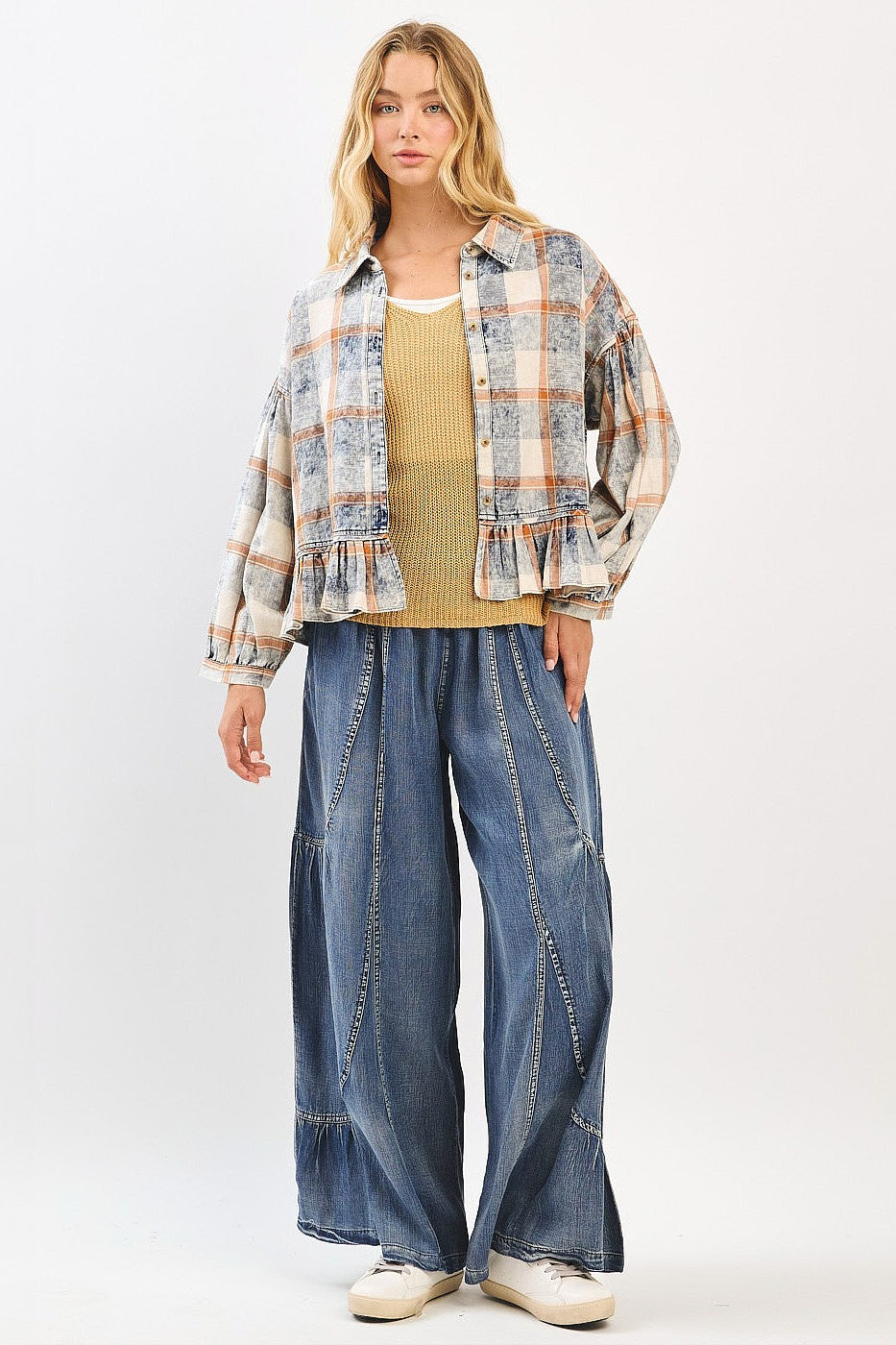 Washed Plaid Peplum Button-Down Top