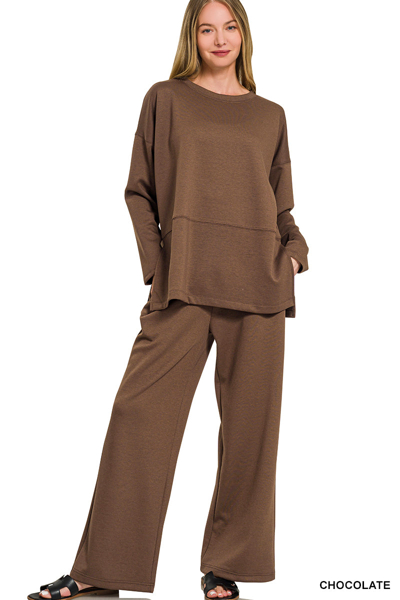 Zenana-SCUBA SIDE SLIT TOP & PANTS SET