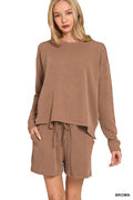 Zenana-RAISED RIB LONG SLEEVE TEE & SHORTS SET