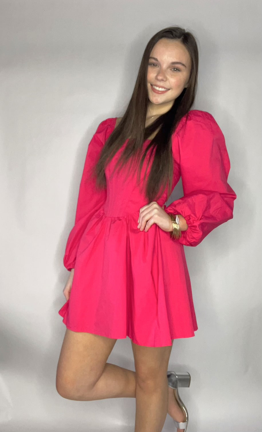 Magenta Puff Sleeve Mini Dress with Square Neckline