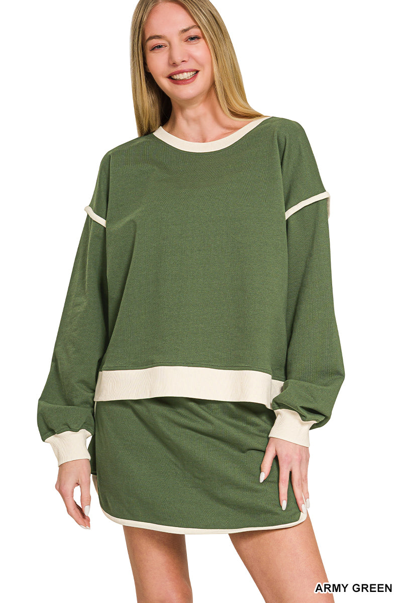 Zenana-FRENCH TERRY DROP SHOULDER PULLOVER & SKORTS SET