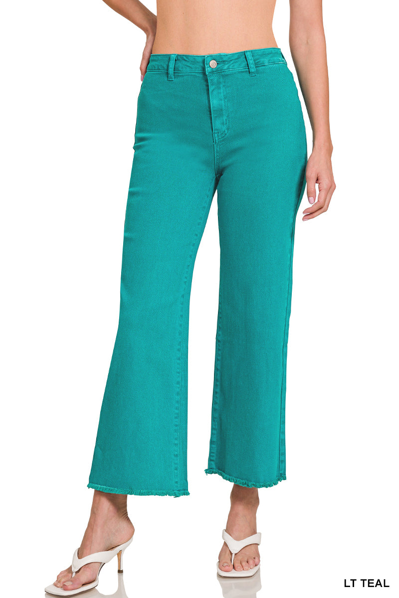 Zenana ACID WASHED FRAYED CUTOFF HEM STRAIGHT WIDE PANTS