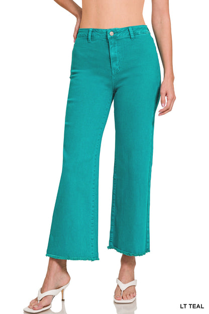 Zenana ACID WASHED FRAYED CUTOFF HEM STRAIGHT WIDE PANTS