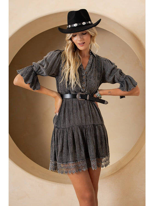 Boho lace and crepe babydoll dress with artisanal embroidery”