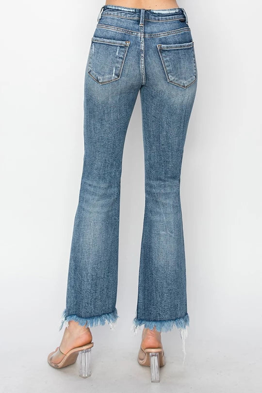 High Rise Bootcut Frayed Jeans, Dark