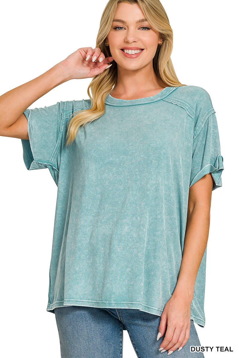 Dusty Teal • Washed Ribbed Boat Neck Top