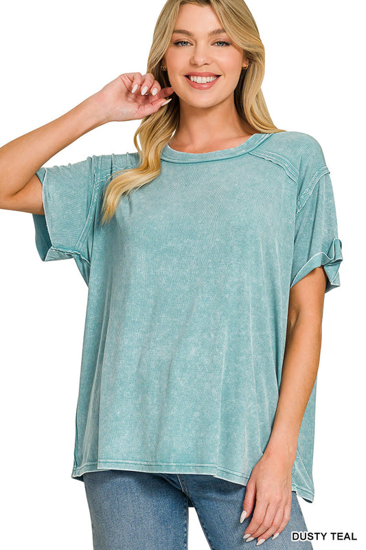 Dusty Teal • Washed Ribbed Boat Neck Top