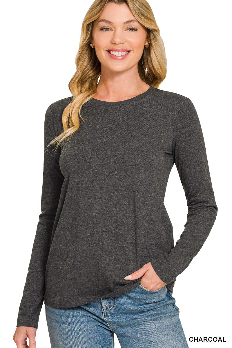 Zenana-COTTON CREW NECK LONG SLEEVE T-SHIRT