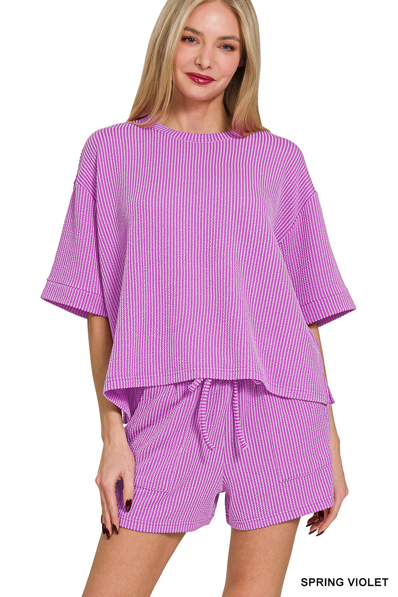 Zenana-RAISED RIB SHORT SLEEVE TEE & SHORT PANTS SET
