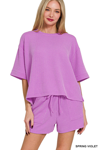 Zenana-RAISED RIB SHORT SLEEVE TEE & SHORT SET