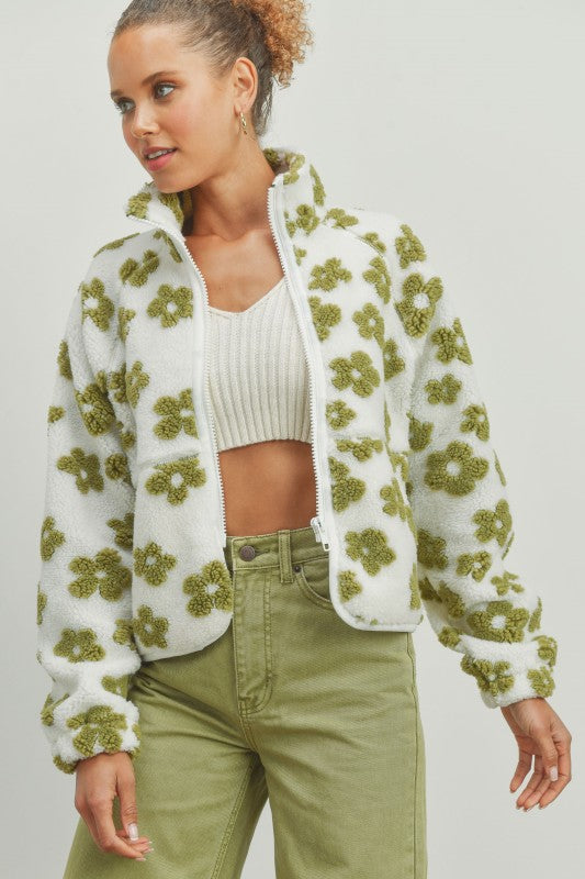 Cozy zip-up sherpa jacket with daisy print
