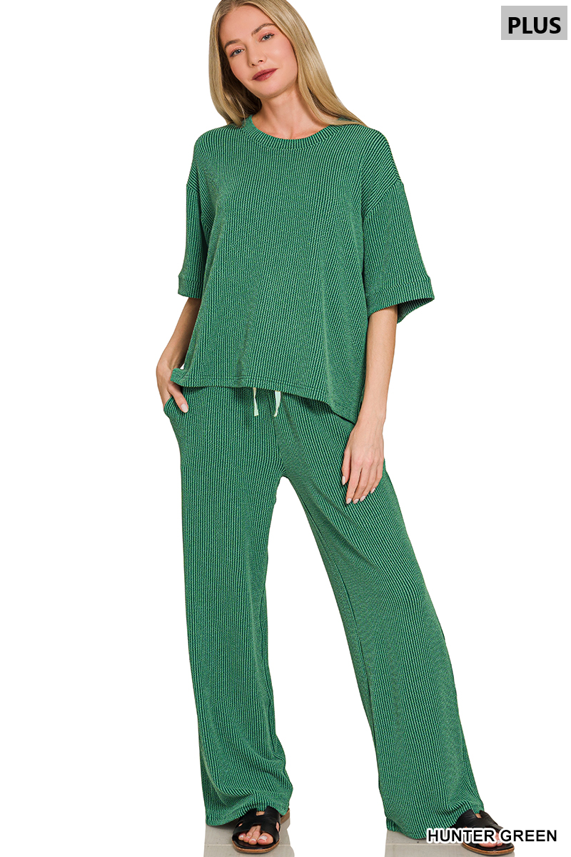 PLUS-Zenana RAISED RIB SHORT SLEEVE TEE & PANTS SET