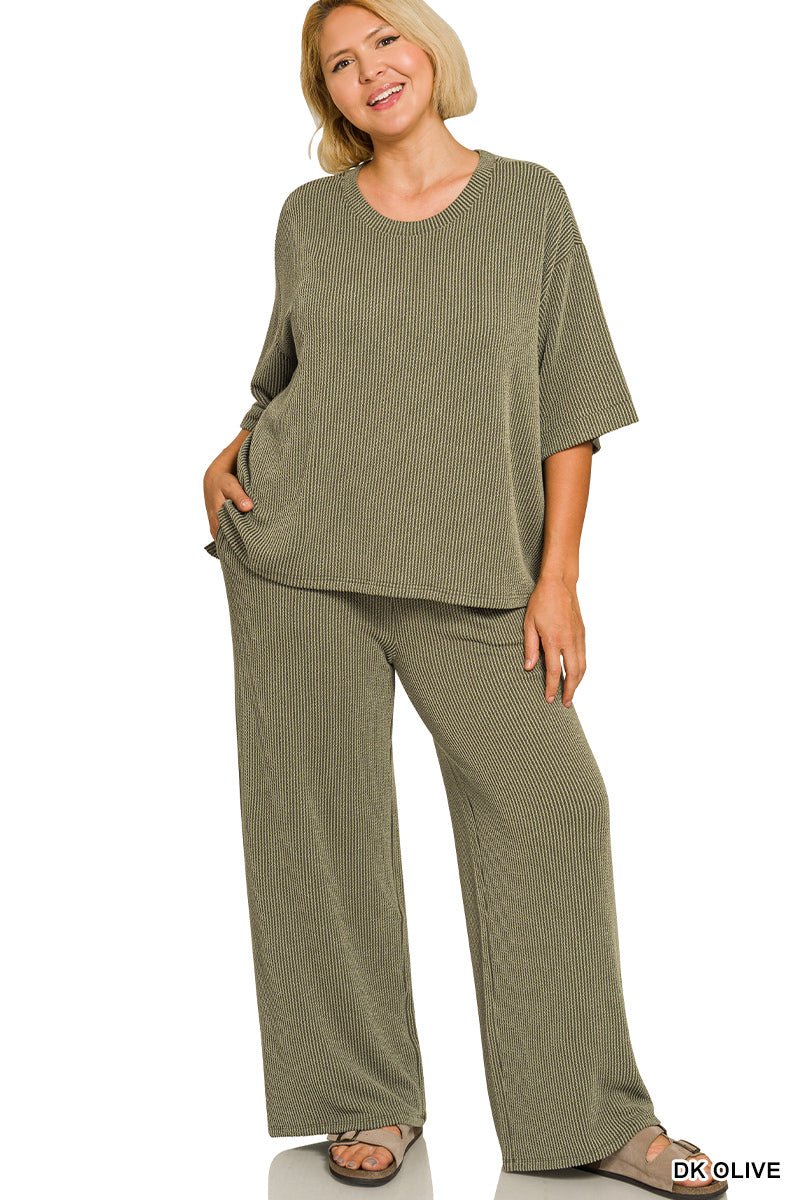 PLUS-Zenana RAISED RIB SHORT SLEEVE TEE & PANTS SET