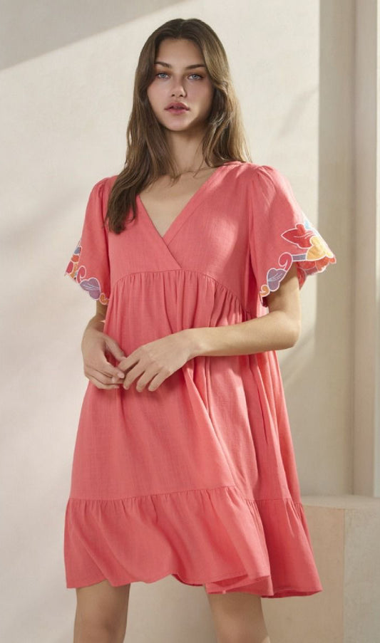 Linen Baby Doll Embroidered Dress