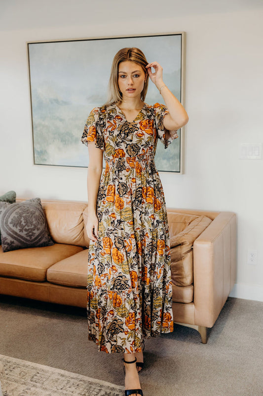 Fall Floral Maxi Dress – Eden in Autumn Petalwork with Flattering Smocked Waist