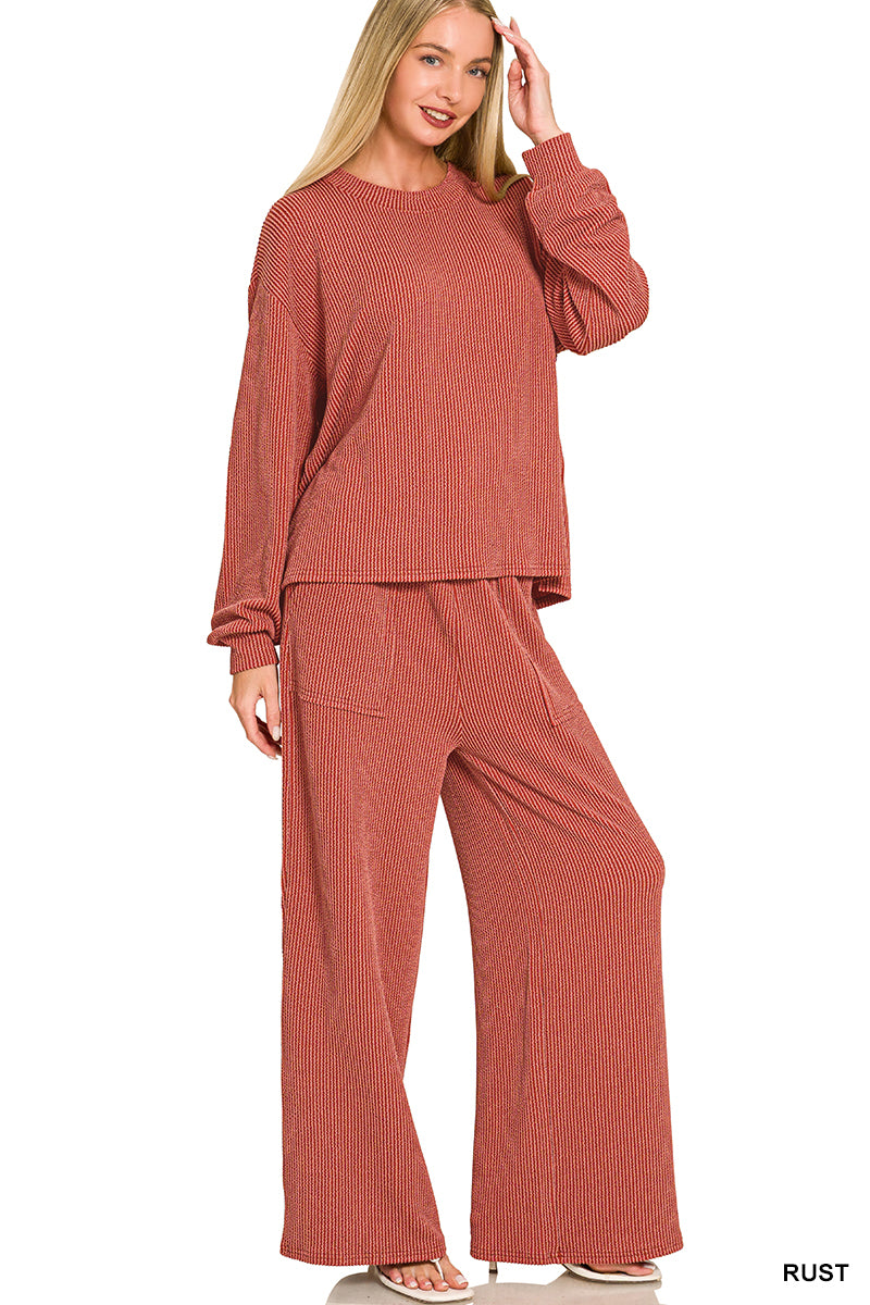Zenana-Raised Rib pant set w/pockets
