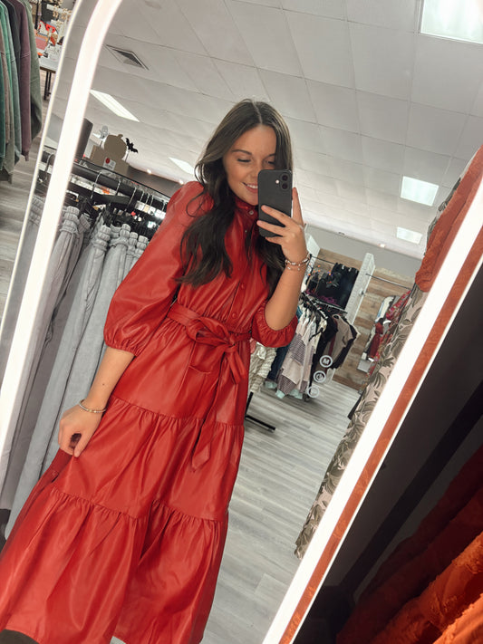 Faux Leather Tiered Midi Dress