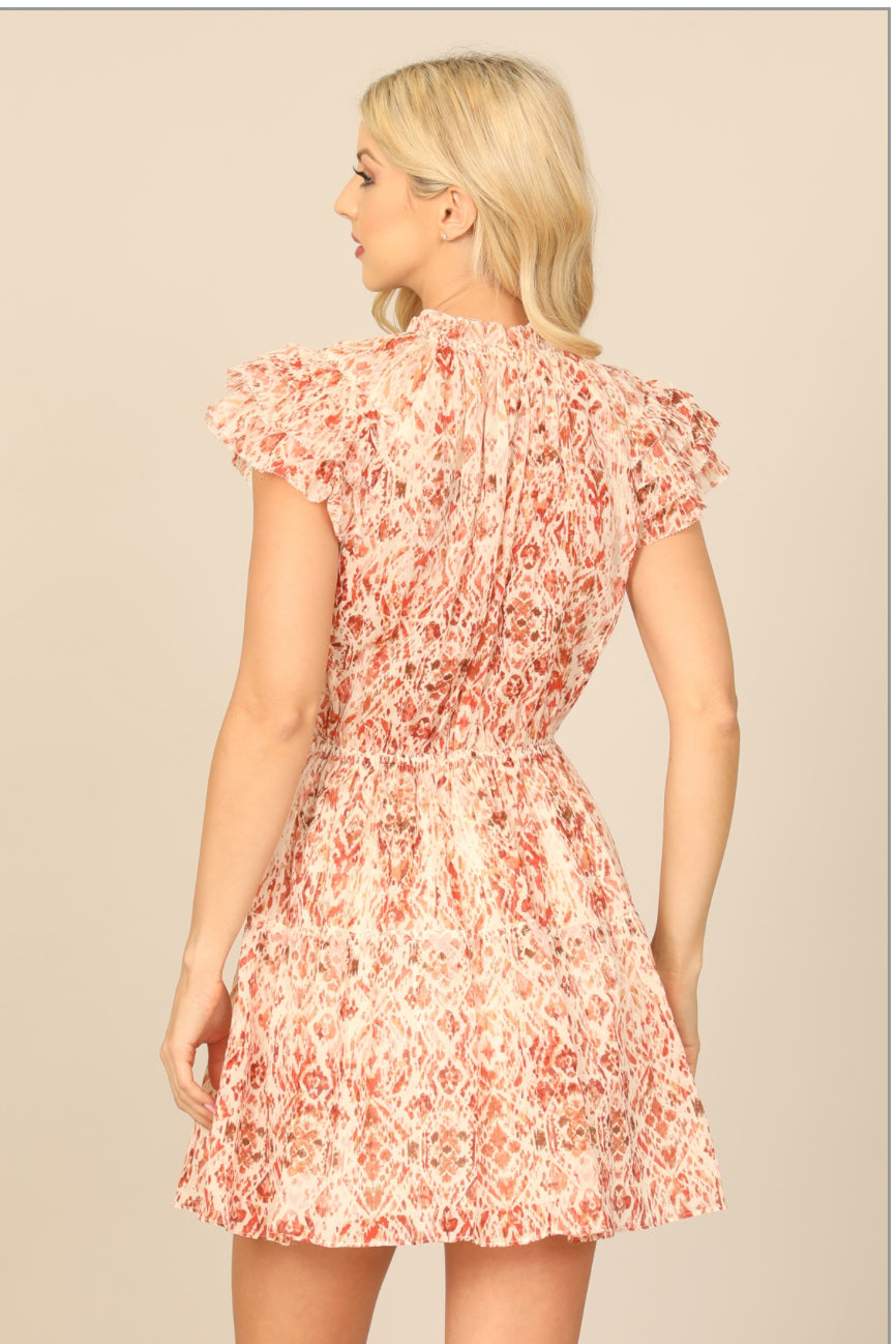 Cream Rust Butterfly Sleeve Mini Dress with Keyhole Tie