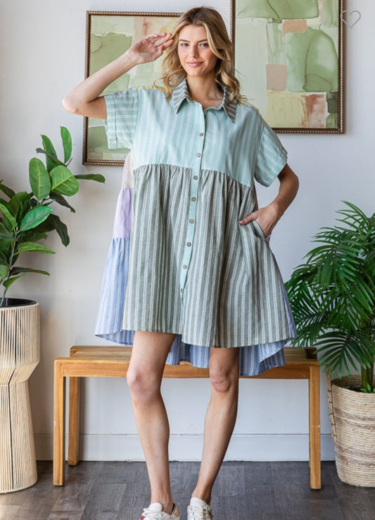 Colorblock Striped Collar Flare Hem Shirt Dress