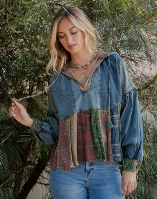 Relaxed Denim Hoodie With Eclectic Plaid Fusion