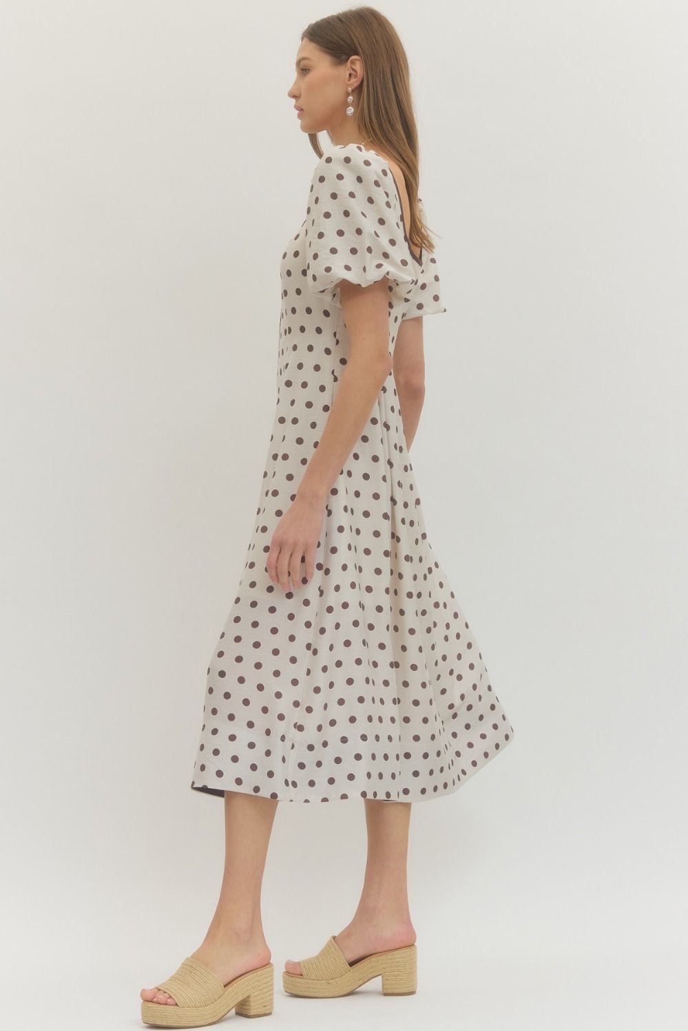 Entro Polka dot short puff sleeve midi dress.