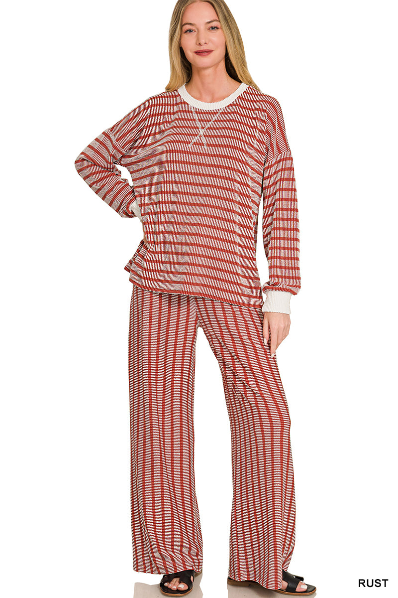 Zenana-RAISED RIB STRIPED PULLOVER & PANTS SET