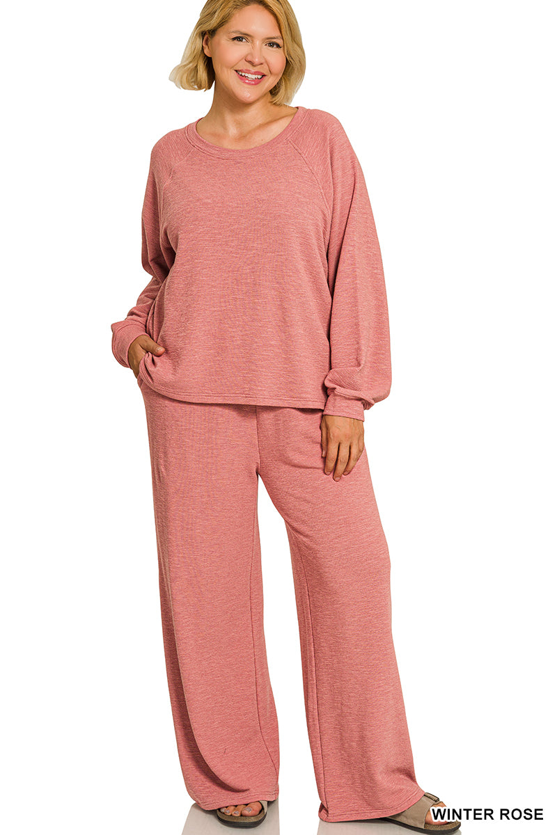 Zenana-PLUS SLUB LONG SLEEVE TOP & PANTS 2PCS SET