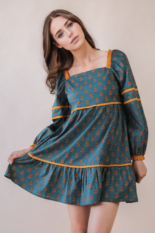 Square Neck Long Sleeve Mini Dress for Thanksgiving