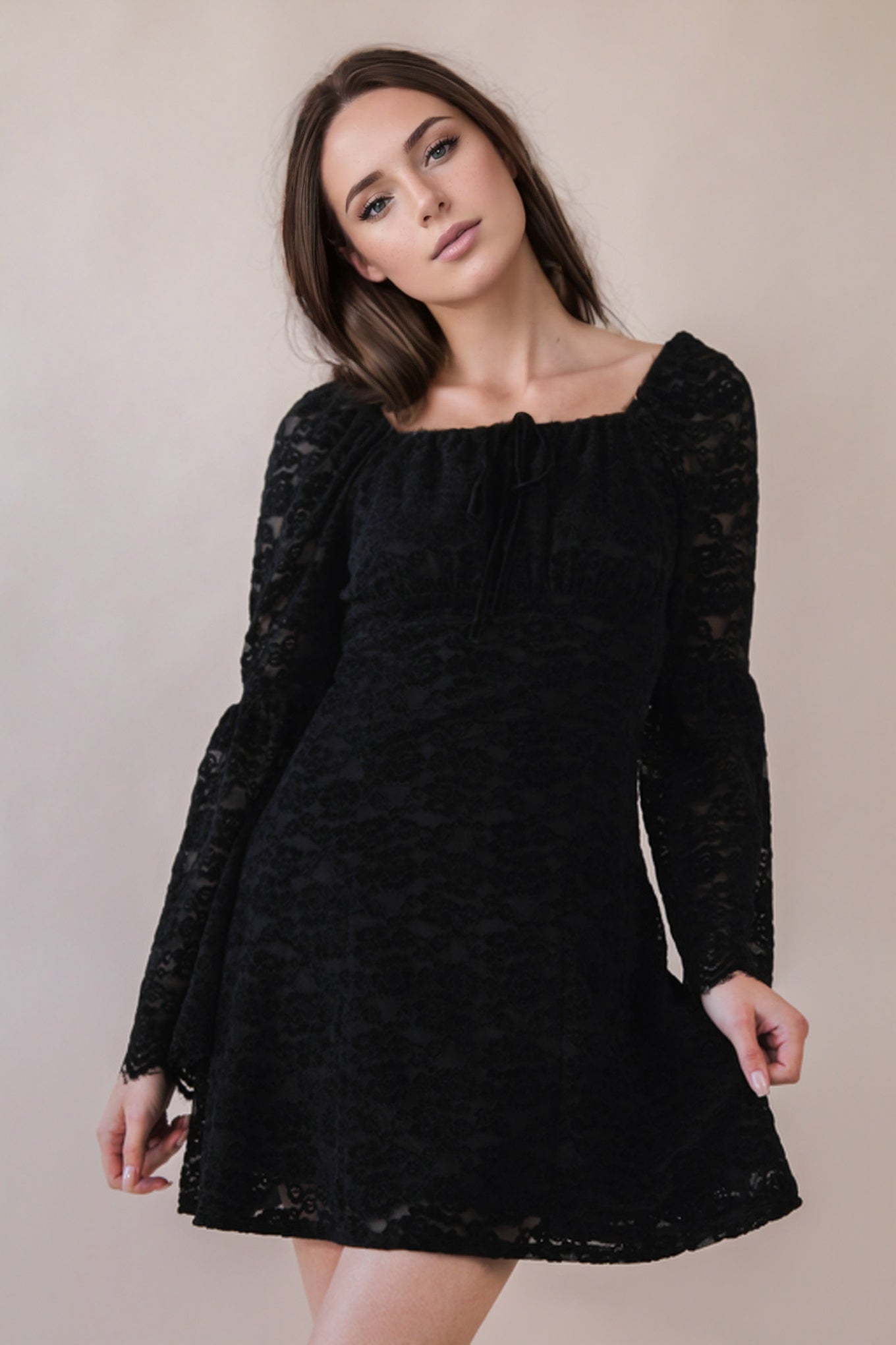 Textured Lace Bell Sleeve Mini Dress