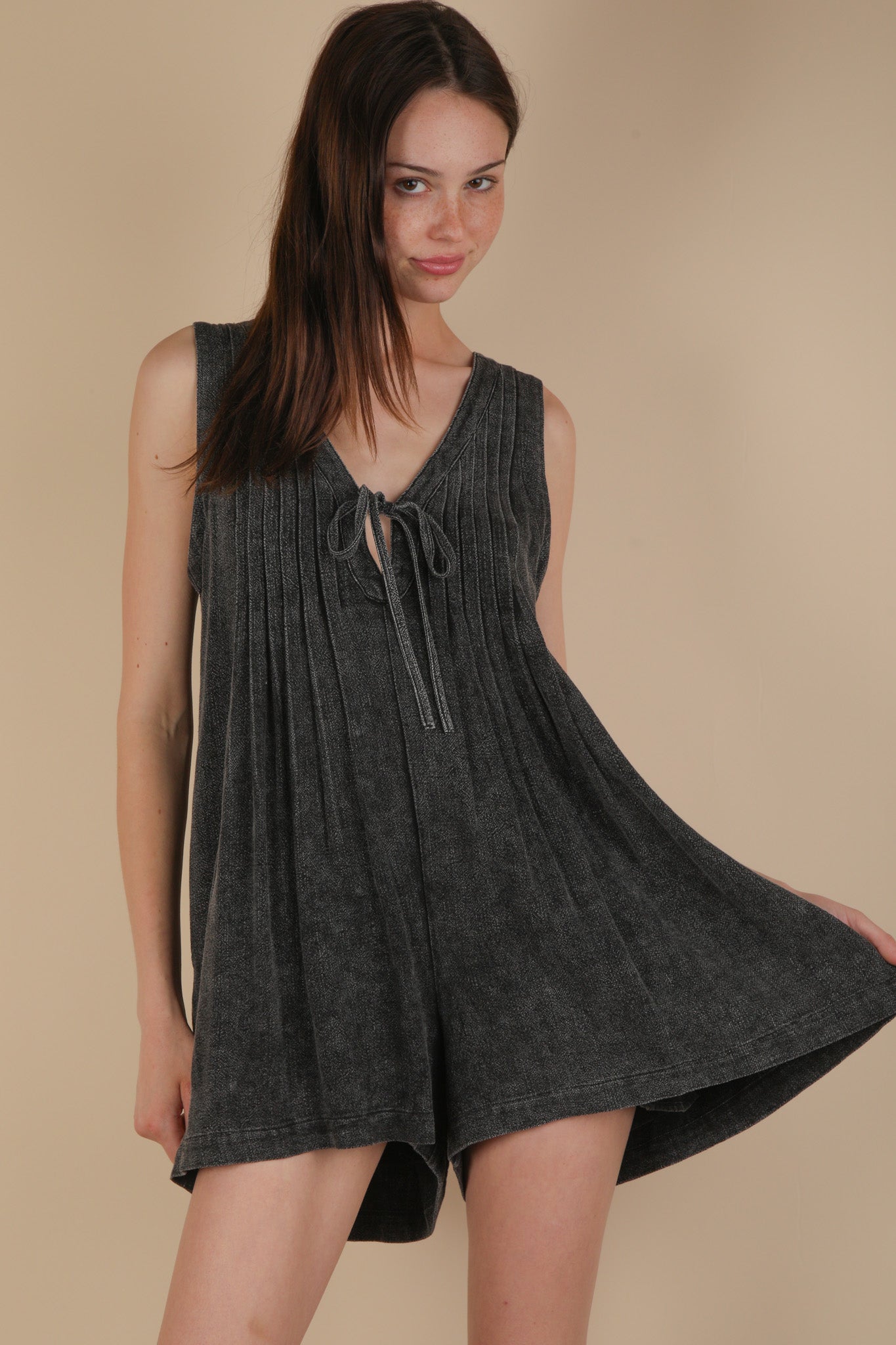 Mineral Washed Pleaded Romper