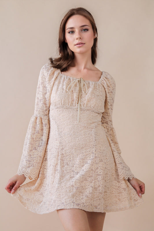 Textured Lace Bell Sleeve Mini Dress