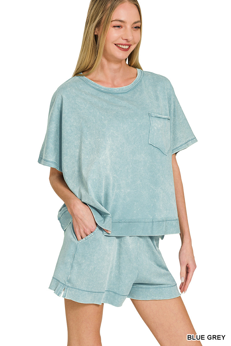 Zenana- ACID WASHED OVERSIZED TOP & SHORTS SET