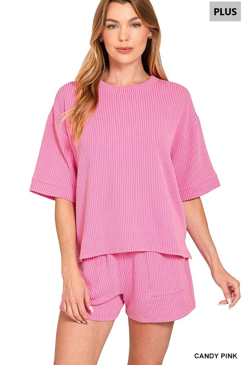 Zenana-PLUS RAISED RIB SHORT SLEEVE TEE & SHORT PANTS SET