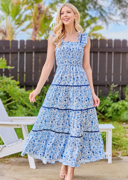 Blue Floral Tiered Dress