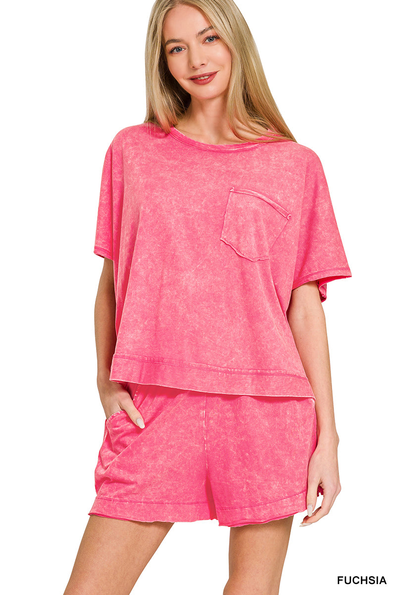 Zenana- ACID WASHED OVERSIZED TOP & SHORTS SET