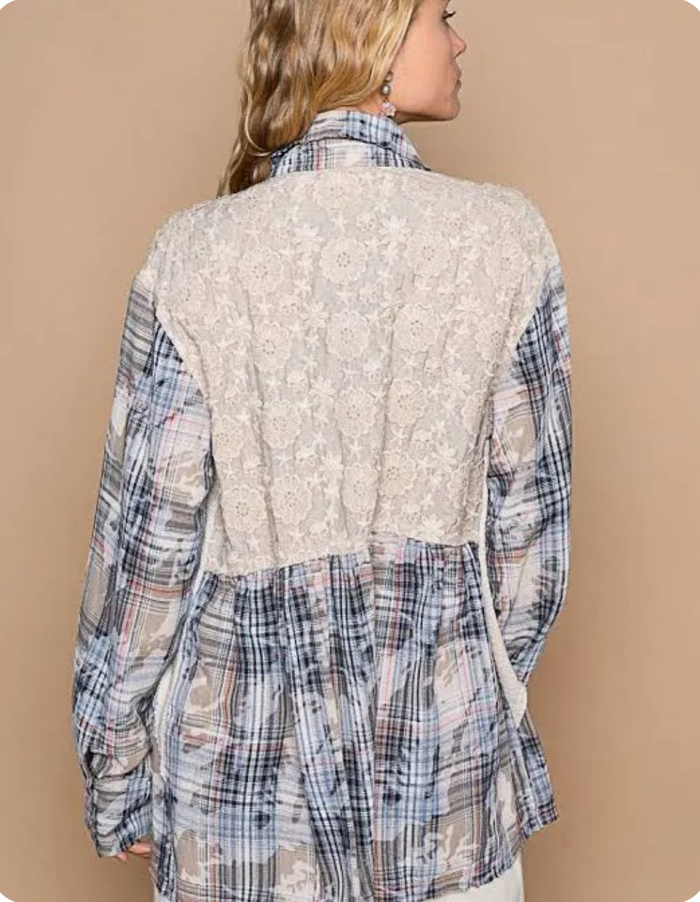 BB - Oversized Plaid Flannel Pearl Woven Shirt - Talk of the Town