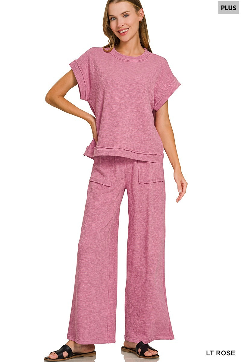 Zenana-PLUS SLUB SHORT SLEEVE TEE & LONG PANTS SET