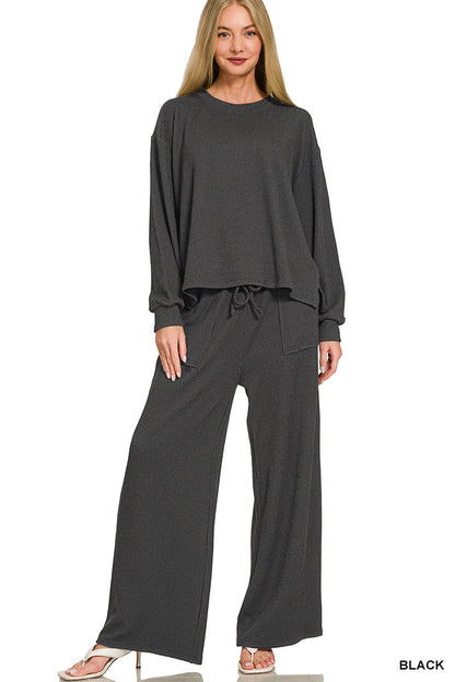 Zenana-Raised Rib pant set w/pockets