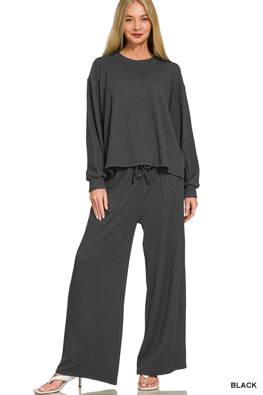 Zenana-Raised Rib pant set w/pockets