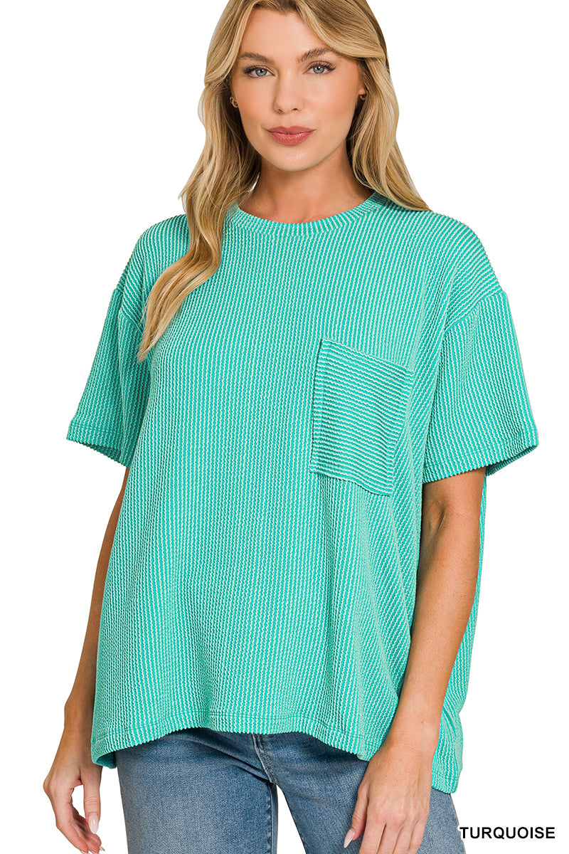 Zenana-RAISED RIB SHORT SLEEVE FRONT POCKET TOP