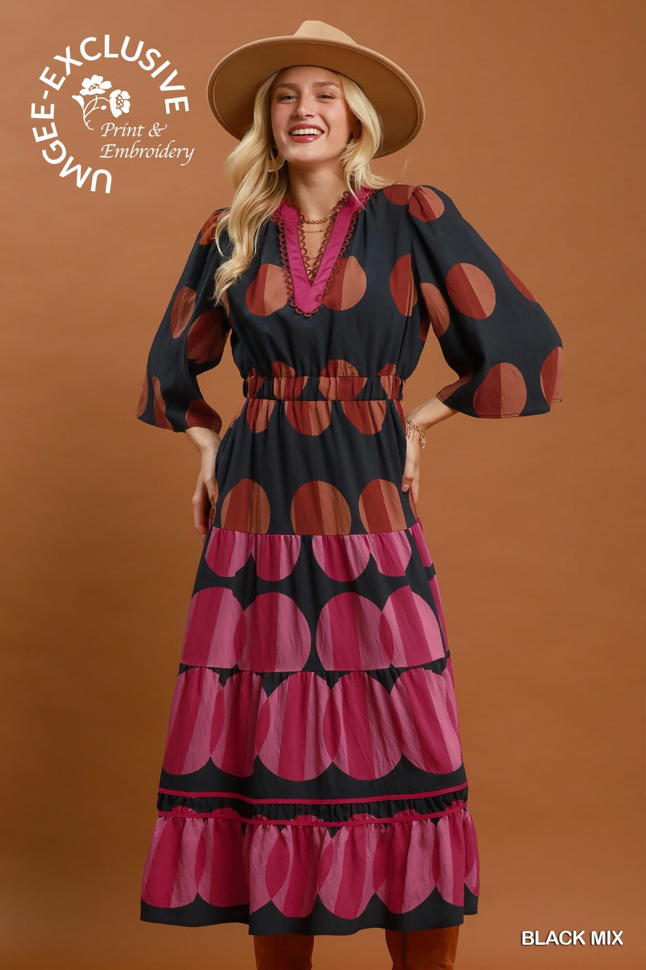 Umgee-Mix Polka Dot Tiered Boho Midi Dress