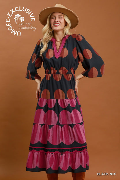 Umgee-Mix Polka Dot Tiered Boho Midi Dress