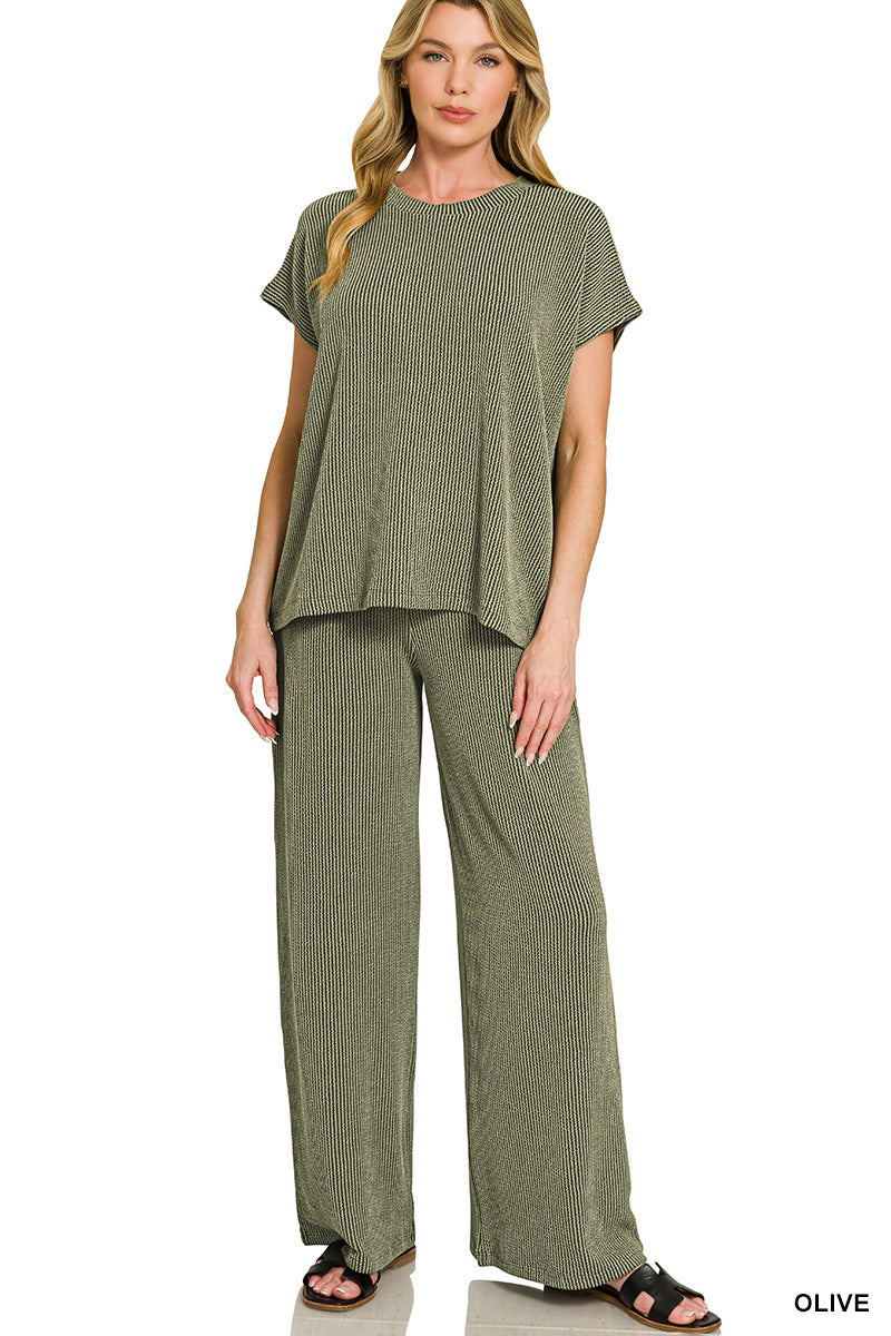 Zenana-RAISED RIB RELAXED TOP & PANTS SET
